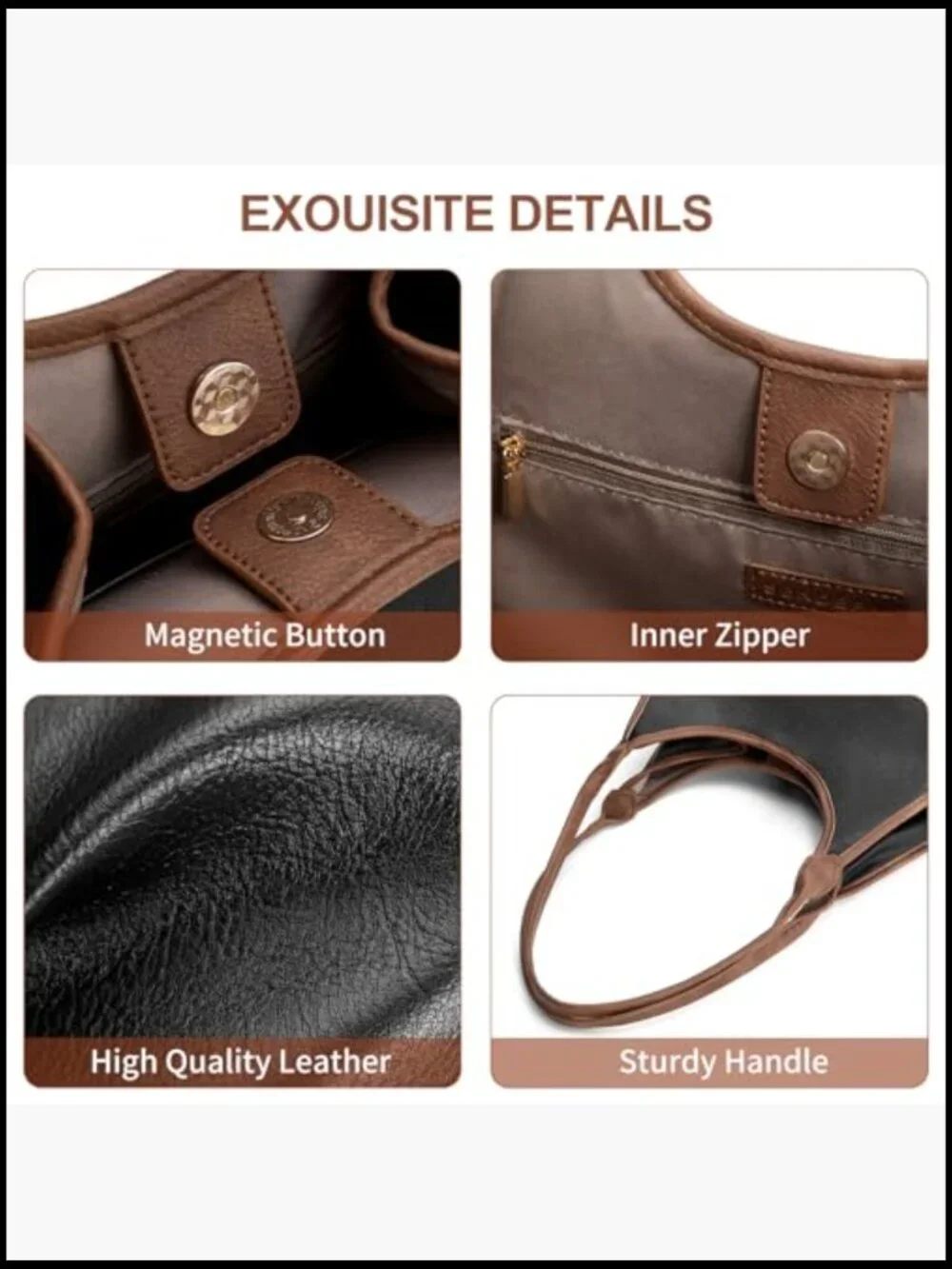 Vegan Leather Hobo Tote Bag Large Work Shoulder Purse with Zipper